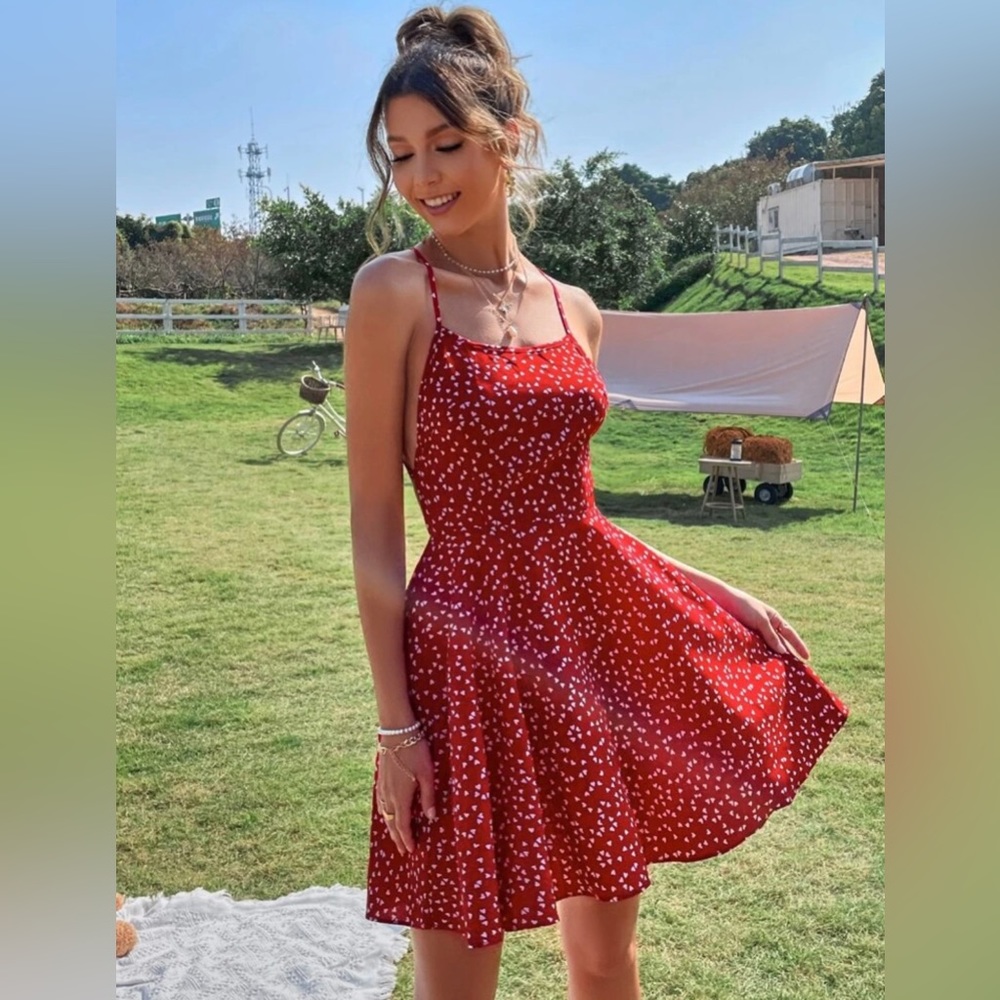 Shein Heart Print Crisscross Tie Backless Cami Dress
